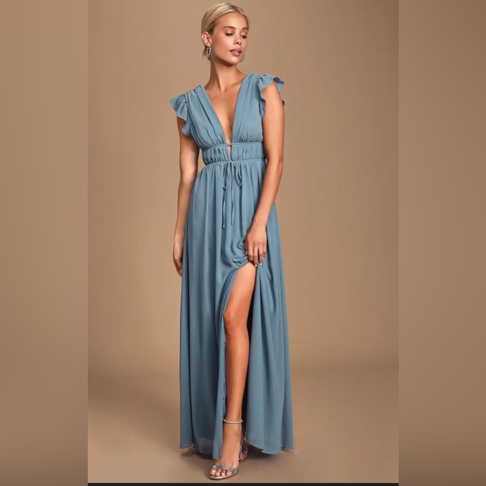 Lulu's I’m all yours Slate Blue Maxi flutter Dress